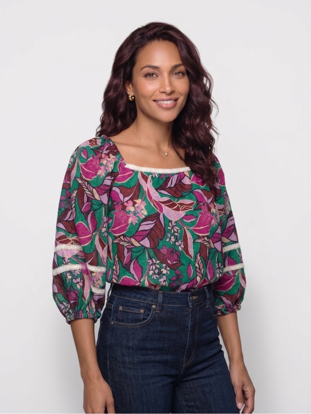 Cynthia Rowley Floral Peasant Blouse in Green & Pink